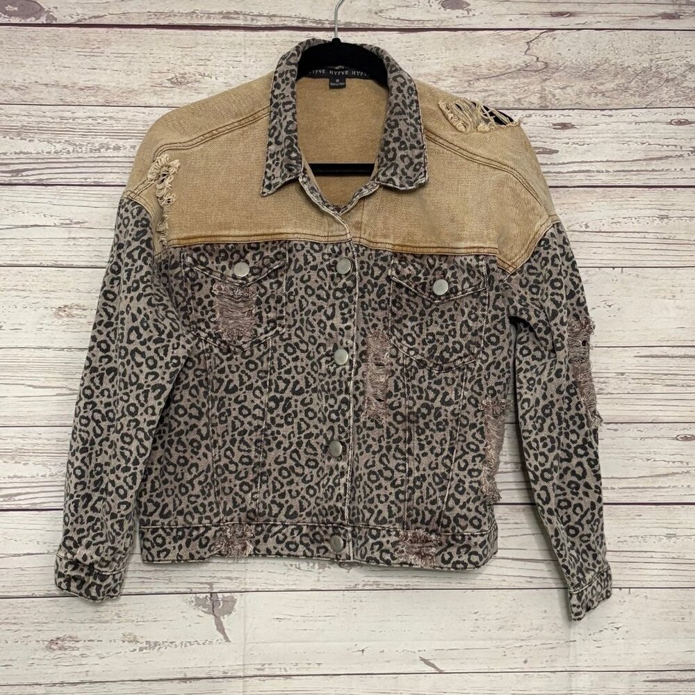 HYFVE Distressed Cropped Denim Leopard Print Jacket Small - Picture 1 of 11